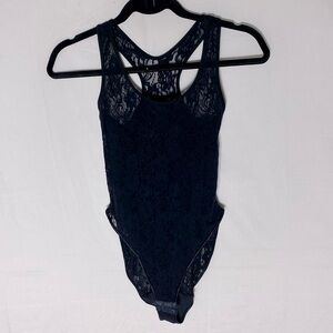 Black Semi Sheer Stretchy Lace Bodysuit S